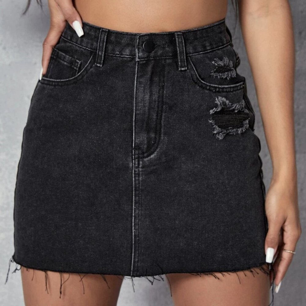 Shein | Black Denim High-Waisted Raw Hem Skirt